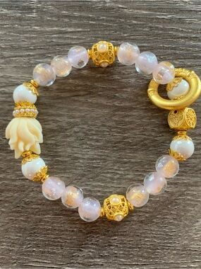 Gold & Opal White Beaded Stretch Bracelet with Floral Accent